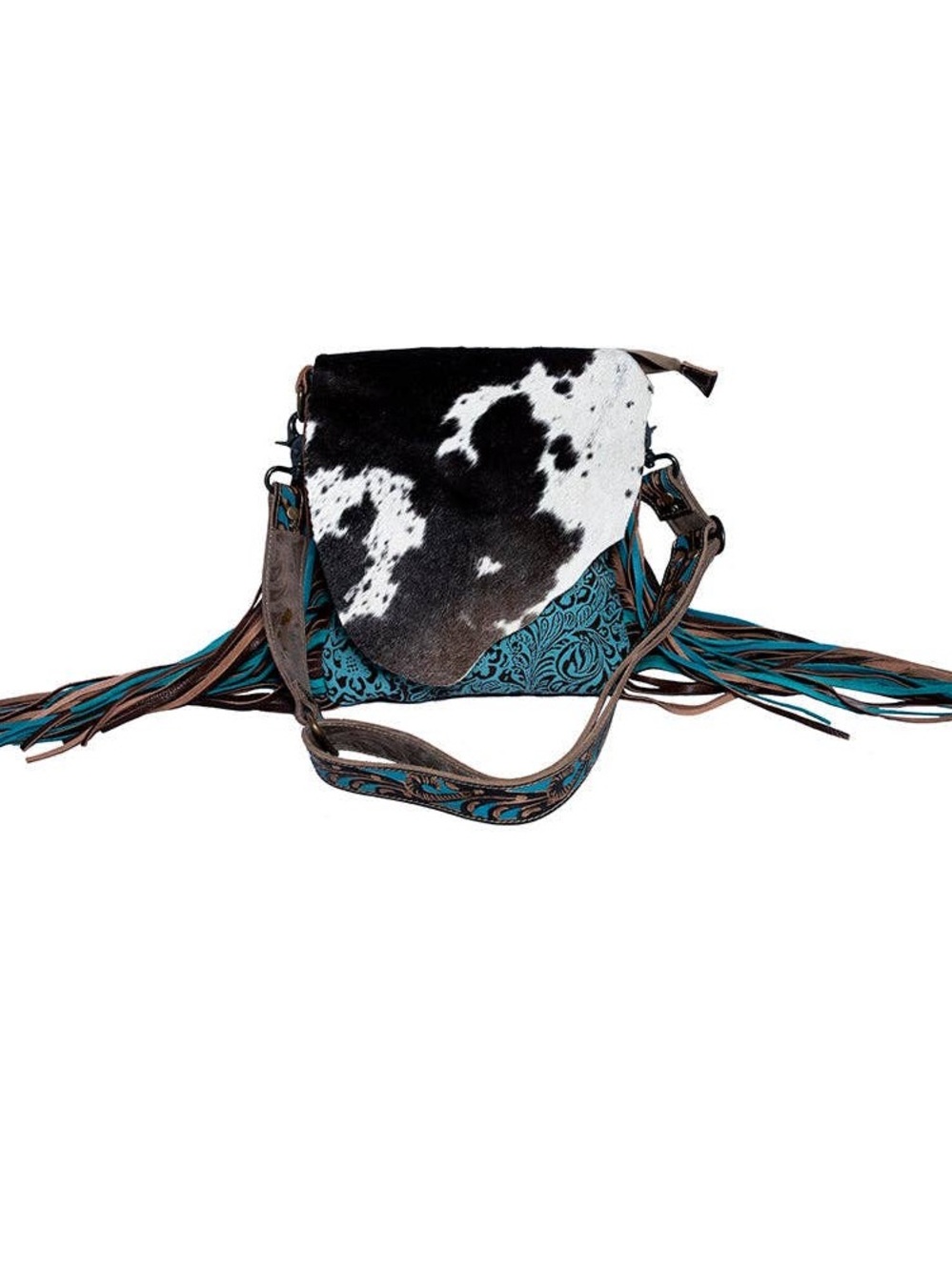 Turquoise Tooled Saddle Bag with Black & White Hair-on Hide Flap